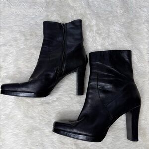 Worthington Heeled Leather Ankle Boots Black Square Toe Size 8 Capsule Platform
